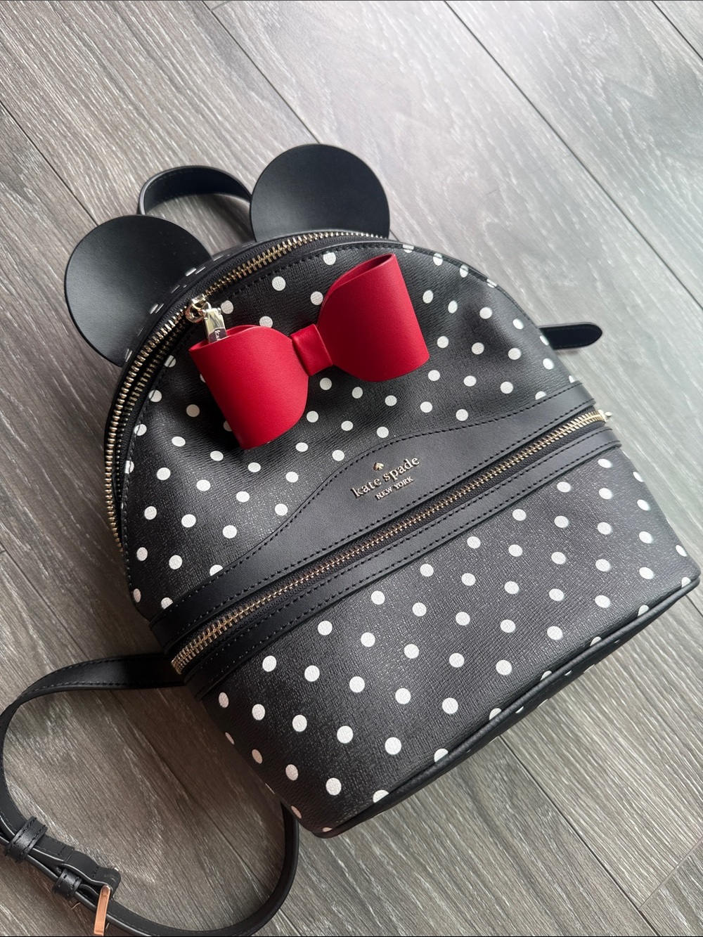 kate spade Black and White Polka Disney Backpack with Red Bow Accent